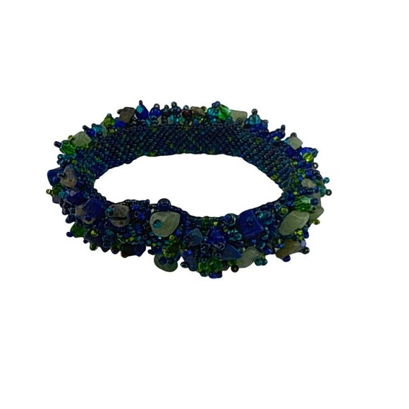 Handmade Blue Green Beaded Bracelet with Glass Crystals and Gemstone Chips - Picture 5 of 7